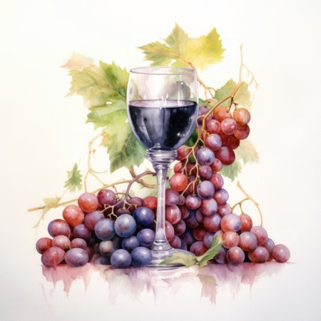 Stylish watercolor illustration. A glass of wine with a branch of grapes inside.の素材