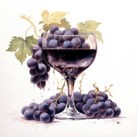 Stylish watercolor illustration. A glass of wine with a branch of grapes inside.の素材