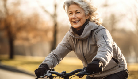 A middle-aged woman rides a bicycle in the park. Active lifestyle.の素材