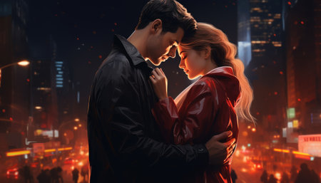 A couple in love hugs against the backdrop of the neon lights of the night city.の素材