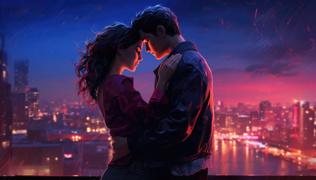 A couple in love hugs against the backdrop of the neon lights of the night city.の素材