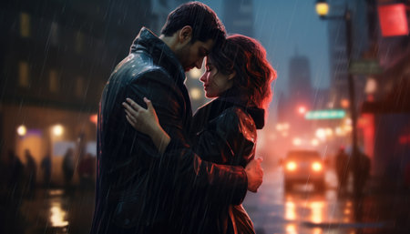 A couple in love hugs against the backdrop of the neon lights of the night city.の素材