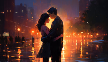 A couple in love hugs against the backdrop of the neon lights of the night city.の素材