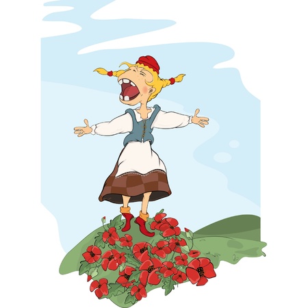 The cheerful girl and glade with poppiesのイラスト素材