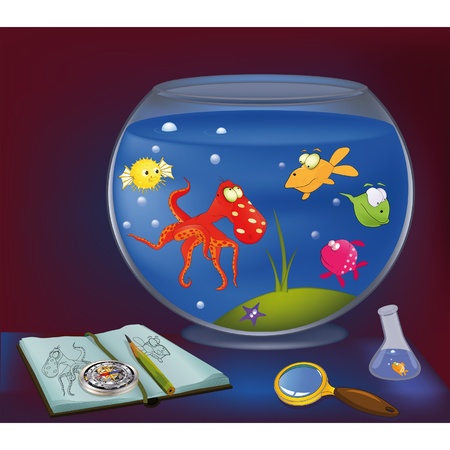 Octopus, an aquarium, and small fishes のイラスト素材