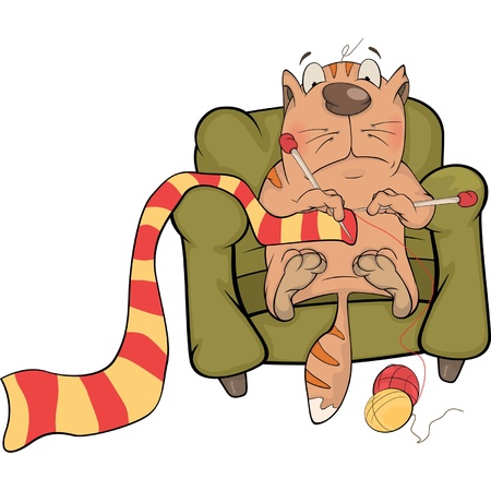 The cat knits a striped scarf. Cartoonのイラスト素材