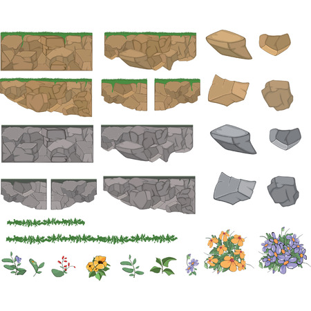 Set of garden plants, flowers and stonesのイラスト素材
