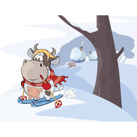 Illustration of a little cow walking ski. Cartoonのイラスト素材