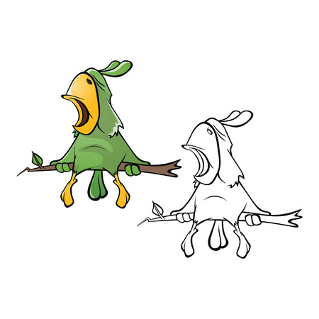 Illustration of a Cute Green Parrot. Cartoon Character. Outlineのイラスト素材