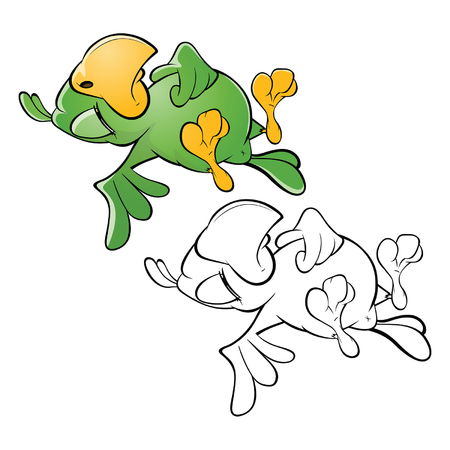 Illustration of a Cute Green Parrot. Cartoon Character. Outlineのイラスト素材