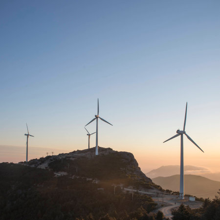 Windmill mountain sunrise sceneryの写真素材