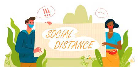 People in medical masks concepts, holding banner with lettering, social distance. Flat Cartoon vector illustration.のイラスト素材
