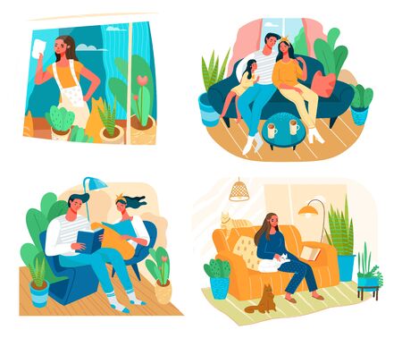 Collection scene with people, who stay at home, self-isolation during Pandemic. People at relaxed, cleaning at home, reading the books, playing with cats. Cartoon Flat vector illustrationのイラスト素材
