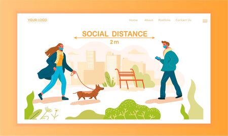 People walking in the park with pets, characters save distance on street during Covid19 Pandemic. Flat Cartoon vector illustration.のイラスト素材