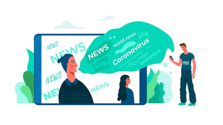 A young man looks the latest news on Smartphone, tablet. Modern technologies for news preview. Flat Cartoon vector illustration concept. Landing page.のイラスト素材