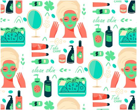 Seamless pattern with elements of organic cosmetic products for body care, skin, hair, facial and hands. Organic cosmetics, fashion and beauty doodle vector line art concept.のイラスト素材