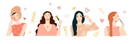 Creative set of young beautiful women puts on makeup. Modern flat vector illustration in trendy style isolated. Beauty and fashion concept.のイラスト素材