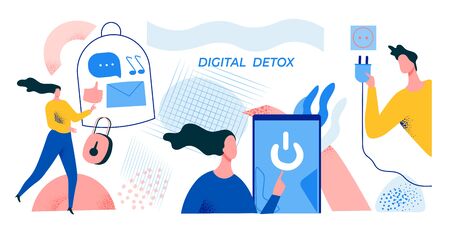 Digital Detox, Social media detox concept illustration in trendy style. Freedom from dependence on social networks and phones. Modern Flat vector illustration.のイラスト素材