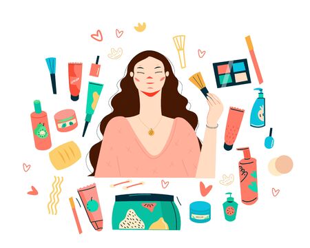 Face and body care concept flat vector illustration, modern style. Beauty young woman and set of various cosmetics isolated. Hand drawn illustration.のイラスト素材