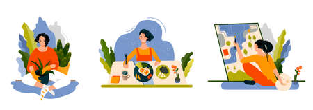 Set of women spend time at home. Women eating food, painting, spending time in a greenhouse.Modern flat vector illustration in trendy style.のイラスト素材