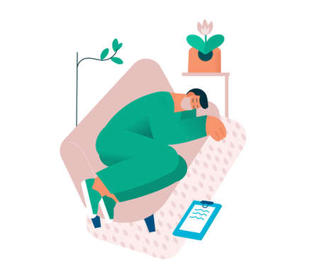 Tired overworked doctor or nurse sleeping on the couch. Exhausted Healthcare worker. Coronavirus pandemic, Covid-19 quarantine.のイラスト素材