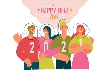 New Year 2021 creative concept illustration. Group of young cute cheerful people in protective helmets and inscriptions 2021 on their t-shirts. Flat cartoon vector illustration.のイラスト素材