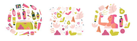 Three sets of various cosmetics isolated. Hand drawn illustration. Face and body care concept. Funny colorful flat vector illustration with doodle elements in trendy style.のイラスト素材