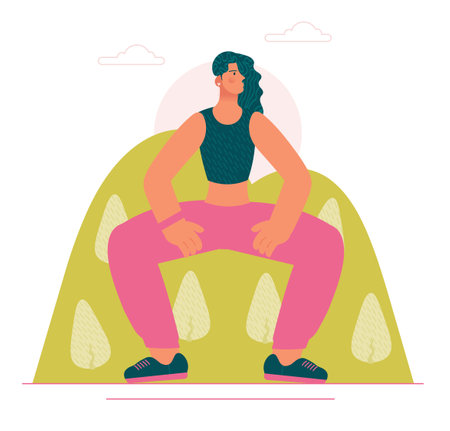 Beauty woman doing yoga pose and breathing exercize. Body exercize, Lunges and squats. Healthy lifestyle. Colorful cartoon vector illustration in trendy style.のイラスト素材