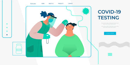 Concept for landing page or banners on covid-19 testing. Healthcare worker with protective equipment performs coronavirus swab on Caucasian man. Nose swab probe. Coronavirus testing. Vector illustration for designers templates.のイラスト素材