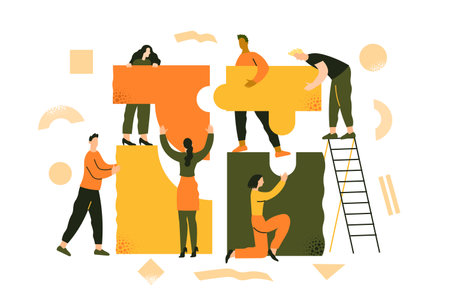 People put the puzzle together. Team work, business partnership, coworking. Team metaphor. Business creative concept. Flat vector illustration in trendy style.のイラスト素材