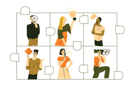 People inside puzzle pieces, symbol team work. Our team portraits, businessmen and businesswomen. Flat vector illustration in trendy style.のイラスト素材