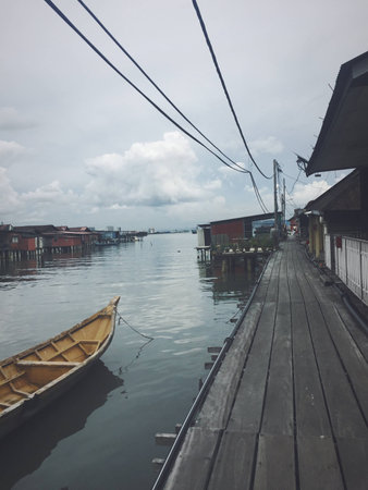 Long bridge, water, lake, sea, skyの写真素材