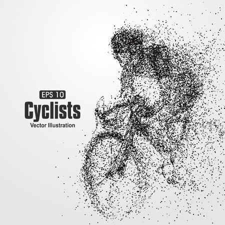 Cyclists, particle divergent composition, vector illustration.