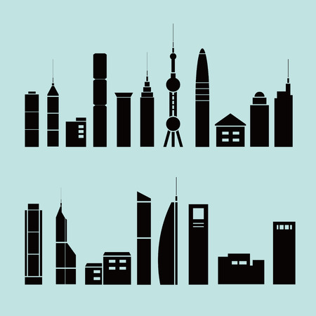Different shapes of buildings, icons, flat styleのイラスト素材