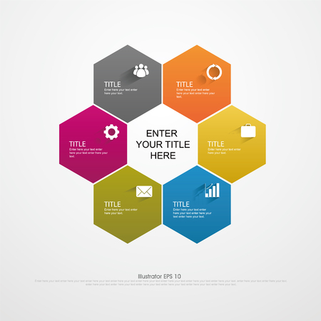 Vector infographics. Template map, drawing, presentation and graphics. 6 edge business concepts and shape options, parts, steps or processes. Abstract background.のイラスト素材