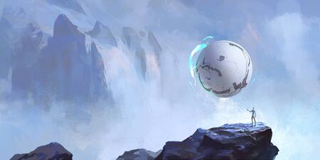 Alien and his round craft, science fiction illustration, digital painting.の写真素材