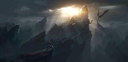 The challenger stands in front of the spooky castle, digital painting.の写真素材