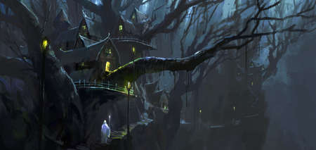 The magician walks between the magical tree houses, digital painting.の写真素材