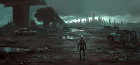 Humans return to the destroyed earth, digital painting.の写真素材
