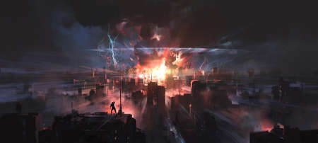 The moment the city was hit by a nuclear bomb, digital painting.の写真素材