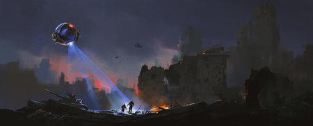 Trackers are hunting surviving humans in the ruins, sci-fi illustration.の写真素材