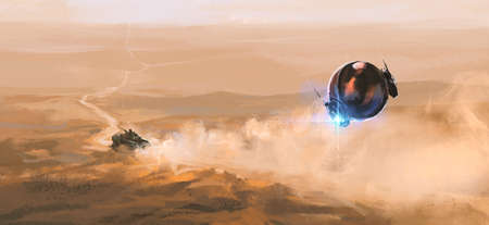 Alien tracker chases humans in the desert, digital painting, 3D illustration.の写真素材
