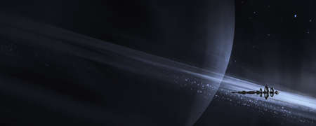 The spaceship is sailing alone in the orbit of an alien, 3D illustration.の写真素材