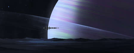 The spaceship sails over the alien star, 3D illustration.
