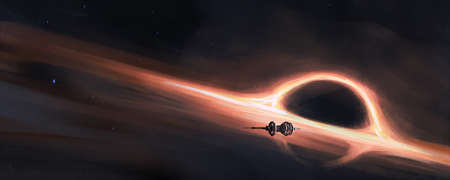 Spaceship sailing on the orbit of the black hole, 3D illustrationの写真素材