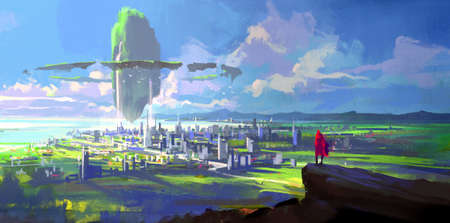 The crater floating above the city, 3D illustration.の写真素材