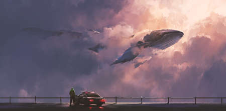 Whale passing through the clouds, 3D illustration.の写真素材