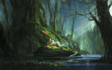 Elf reclining on a jungle stone, 3D illustration.の写真素材