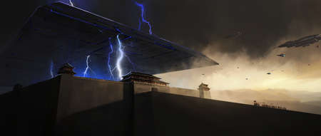 Alien spaceship descended on the ancient city, 3D illustration.の写真素材