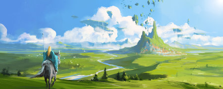 Fantasy scene with wizard on horseback, 3D illustration.の写真素材